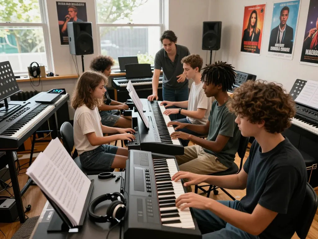 Students practicing on the go 88 digital piano during an engaging music lesson in a bright studio.