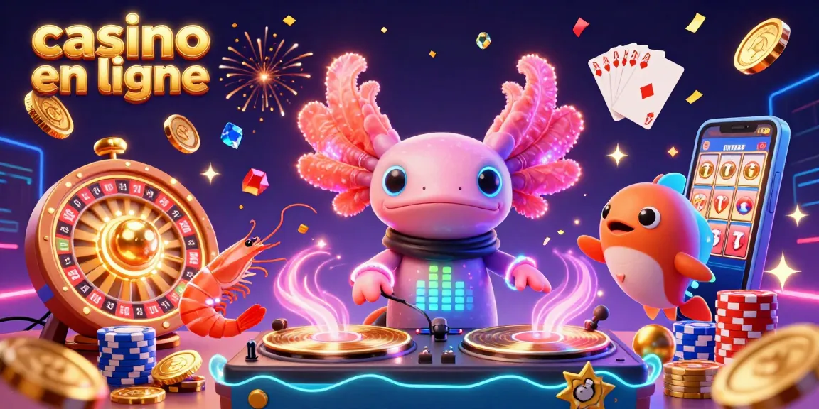 Casino en ligne : une illustration 3D dynamique avec un DJ axolotl et des éléments de jeu captivants.