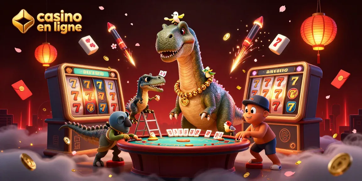 Casino en ligne avec un brontosaurus jouant aux cartes dans un événement dynamique rempli d'éléments de jeu.