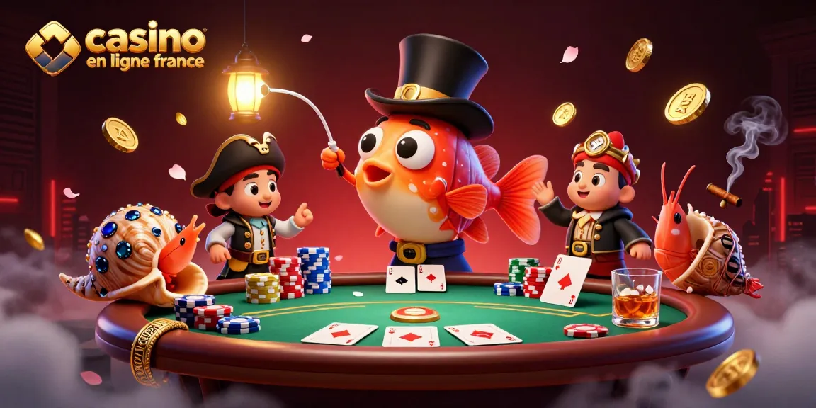 Illustration vibrante d'un casino en ligne France, avec des personnages marins au poker.