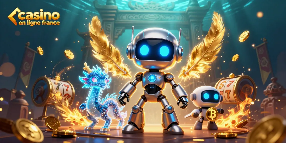 Une scène captivante de casino en ligne en France, mettant en avant une mascotte robotique 3D et un dragon holographique avec des éléments de jeux d'argent.