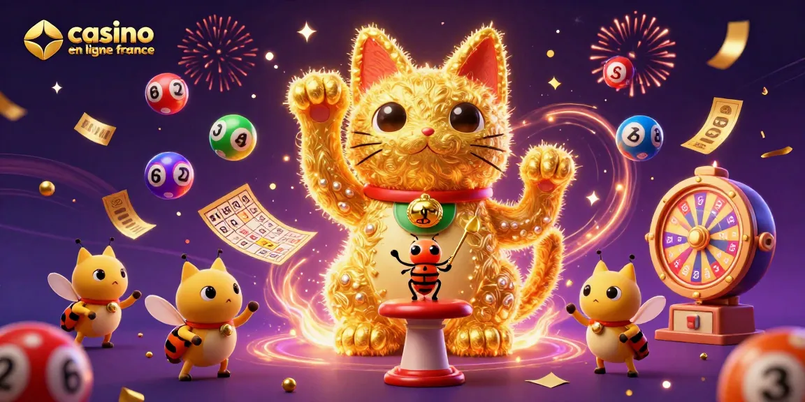 Visitez le casino en ligne France avec une scène animée de feu follet dorés et un chat porte-bonheur.