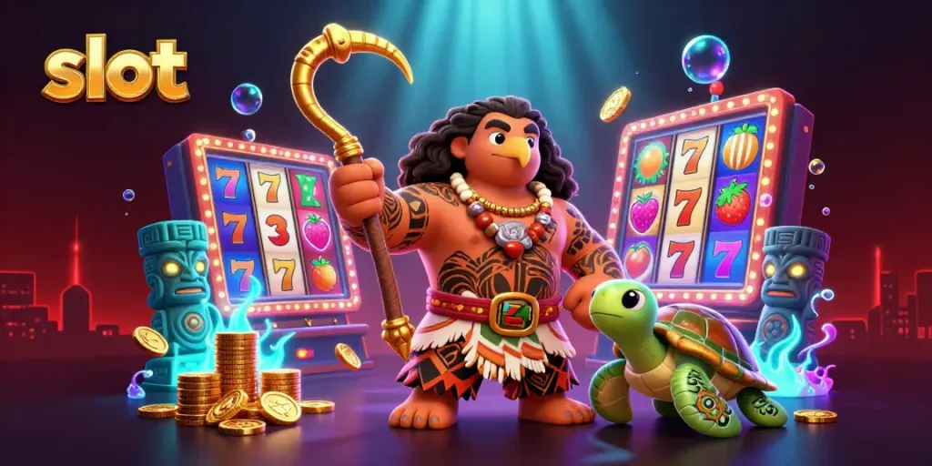 Sang demigod berkepala elang bergaya Maui beraksi di mesin slot dengan simbol keberuntungan dan neon yang berkilau.