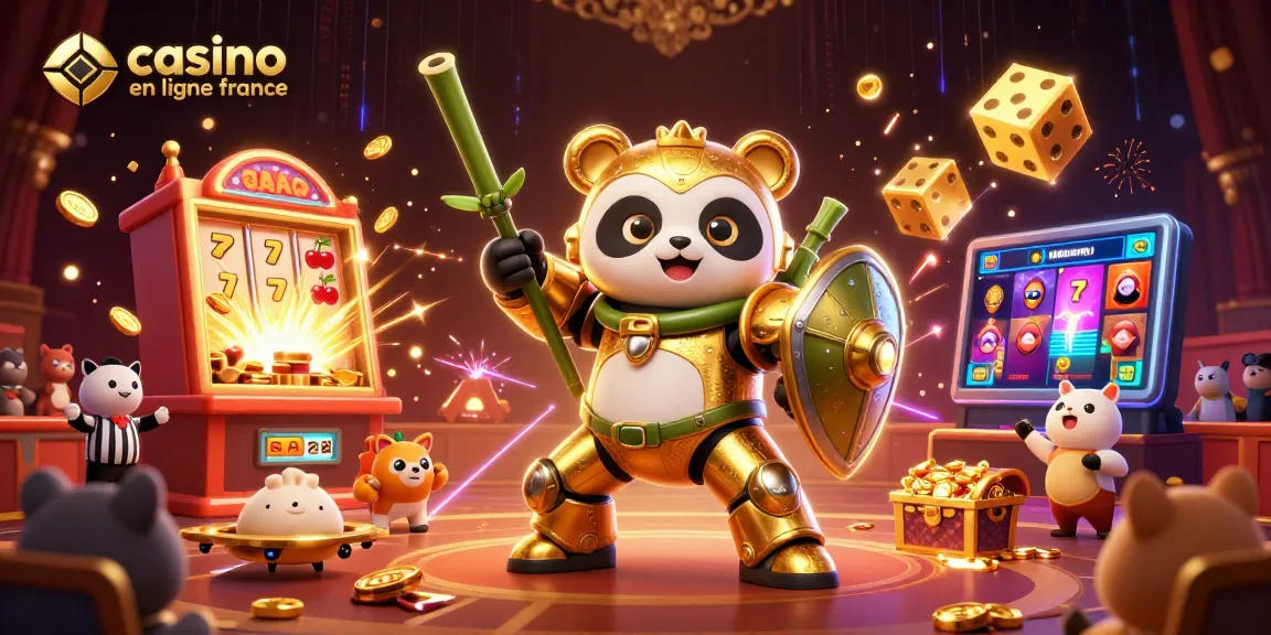 Illustration dynamique mettant en scène un panda en armure dans un casino en ligne France, entouré de symboles de machines à sous.