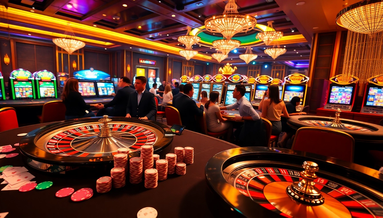 Experience the thrill of 68 game bài at a lively casino with poker tables, roulette wheels, and colorful slot machines.