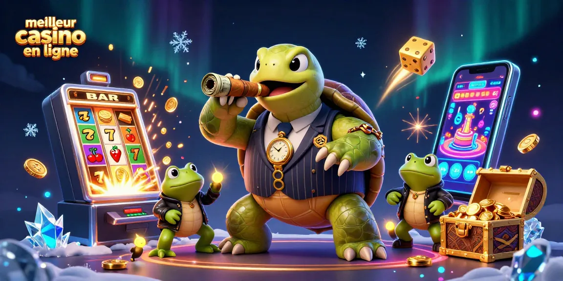 Illustration dynamique d'un gangster tortue et deux grenouilles entourés de jackpots au meilleur casino en ligne.