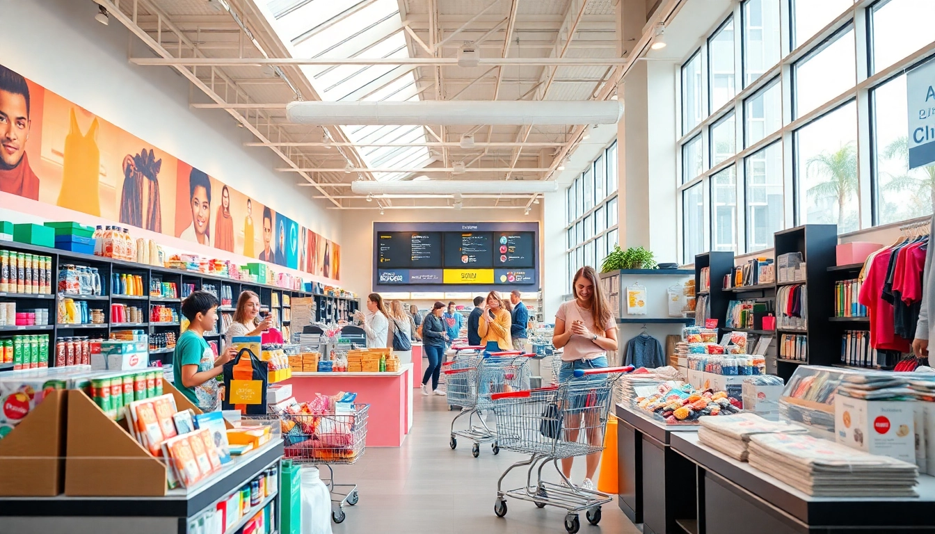 Showcasing a vibrant Multi-Store marketplace filled with diverse products and happy shoppers.