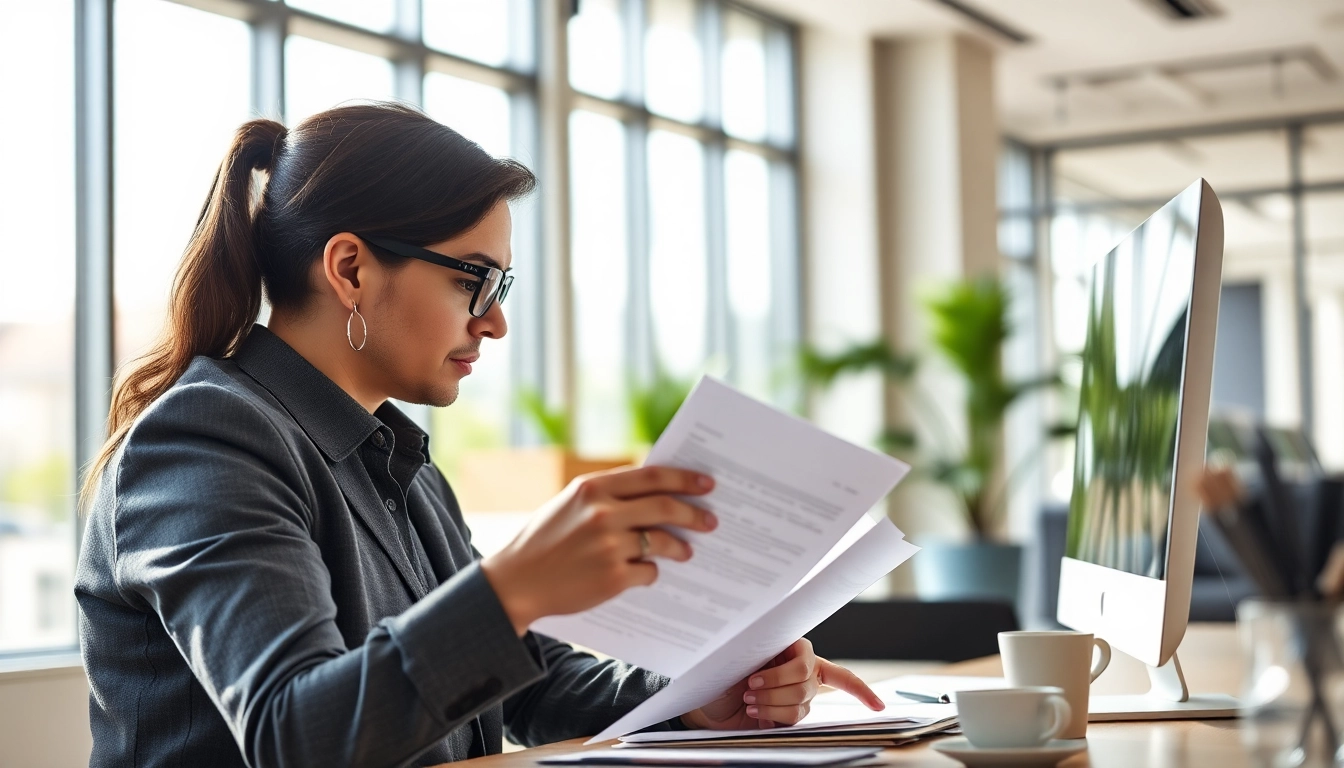 No hassle warranty claims process with a focused individual reviewing documents in a modern office setting.