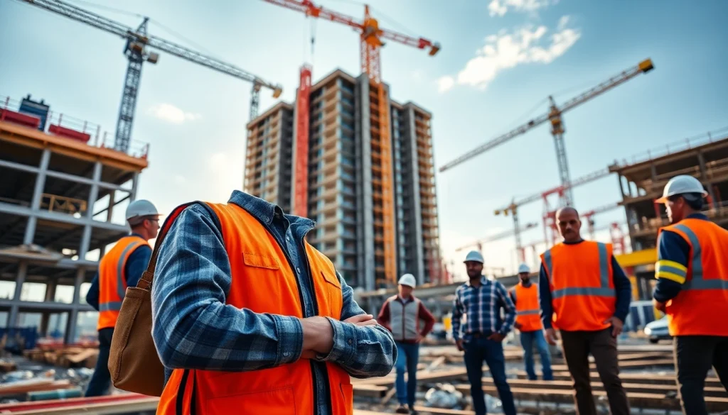 New York Commercial General Contractor leading a diverse team at a bustling construction site.