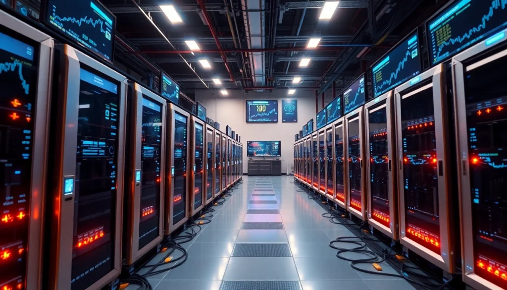 Best crypto mining site with advanced mining rigs and digital displays in a high-tech facility.