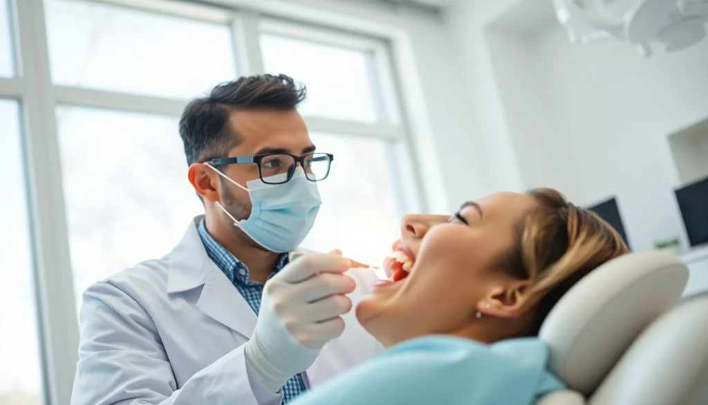 Dentist performing an examination in a modern clinic setting.