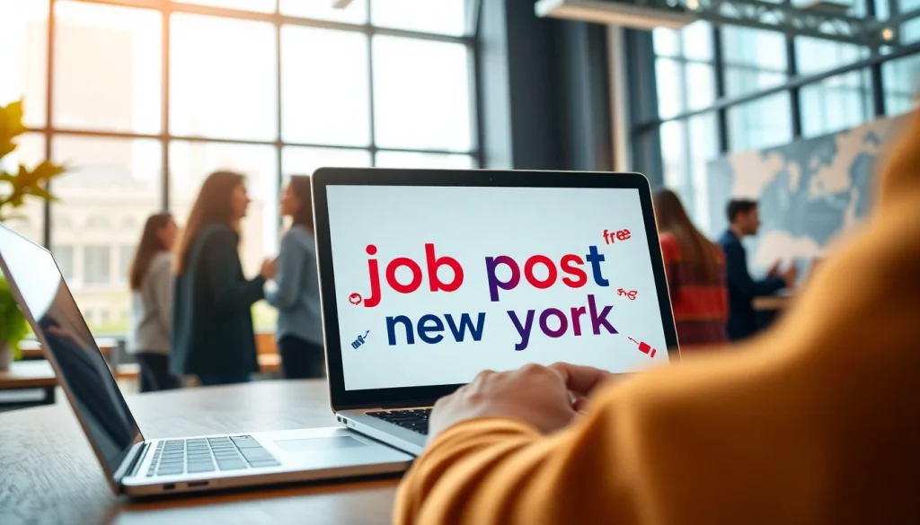 Job seeker actively searching for free job post new york opportunities in a vibrant co-working space.
