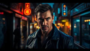 Heroic figure embodying themes similar to Jack Reacher series, standing ready in a dark urban escape.