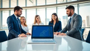 Real Estate agents discussing listings in a vibrant office with city views.