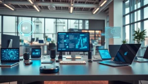 Showcasing advanced technology workspace featuring innovative gadgets and devices.