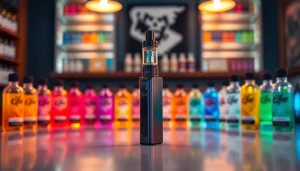 Elfbar Vaping Device präsentiert auf einem eleganten Tisch mit lebendigen E-Liquids.