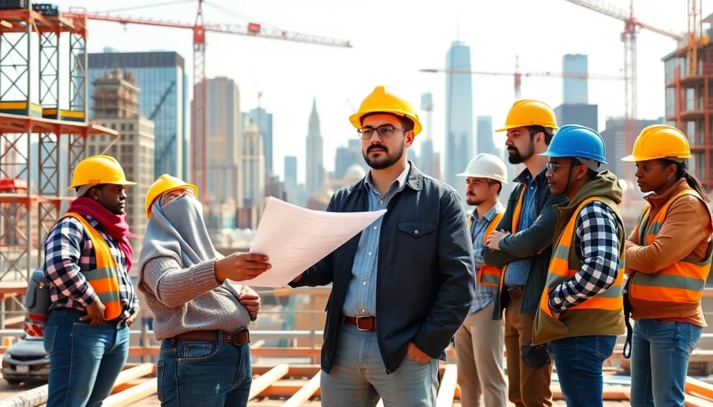 New York City General Contractor leading a diverse construction team at a bustling urban site.