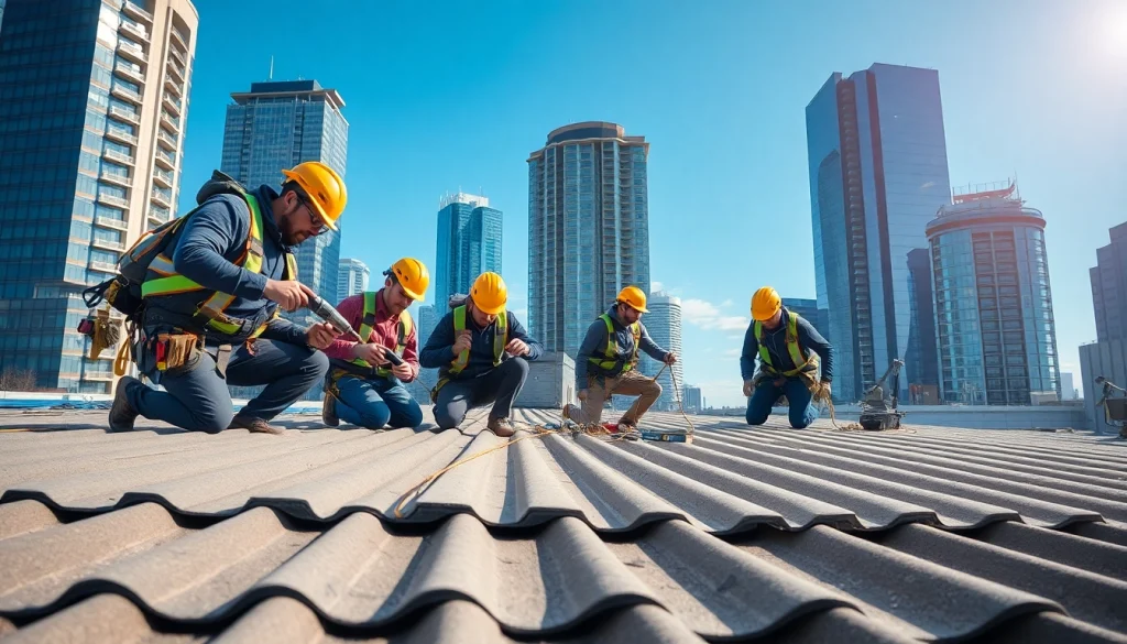 Delivering commercial roofing services with a professional team on a commercial building.