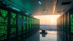 Crypto cloud mining facility showcasing renewable energy sources and advanced AI technology.