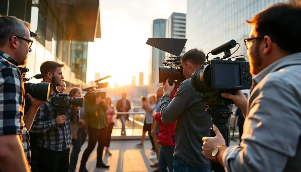 Engaging video production edmonton team filming a corporate event outdoors.