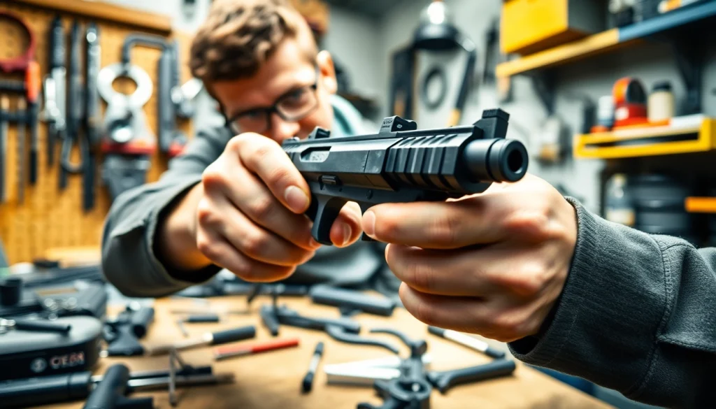 Detailing a forced reset trigger during an expert examination in a well-equipped workshop.