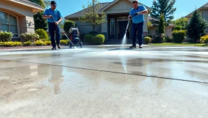 Concrete cleaning in progress by professionals, showcasing effective pressure washing techniques.