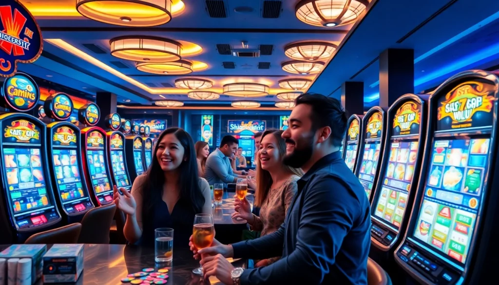 Situs kode4d gaming experience with players enjoying vibrant slot machines and a lively casino atmosphere.