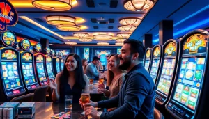 Situs kode4d gaming experience with players enjoying vibrant slot machines and a lively casino atmosphere.