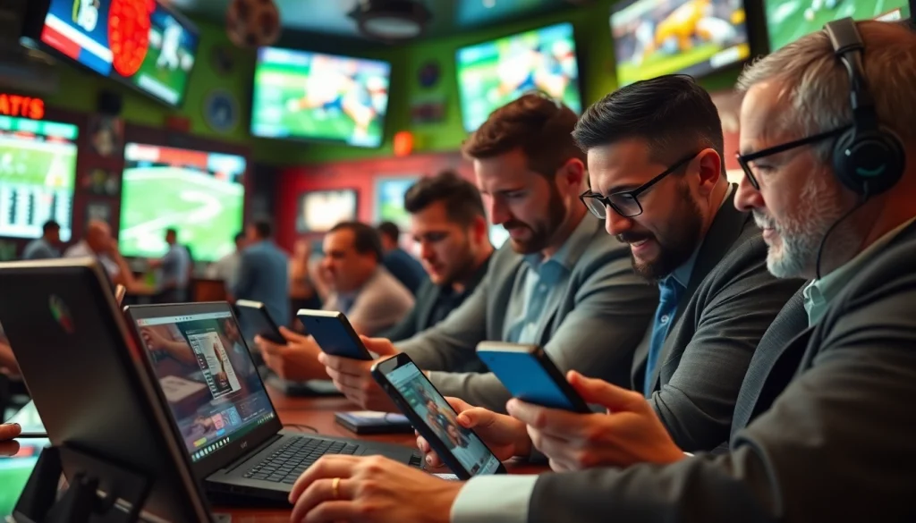 Engaged bettors exploring sportsbooks in California on their devices at a lively sports bar.