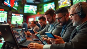 Engaged bettors exploring sportsbooks in California on their devices at a lively sports bar.