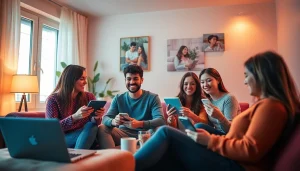 Engaging virtual sex chat scene highlighting diverse individuals interacting comfortably through digital devices.