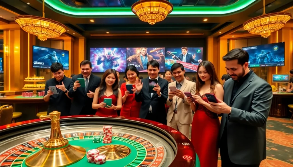 MM88 players excitedly engage with casino games, showcasing vibrant gambling elements.