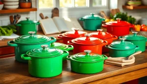 Explore where to buy Le Creuset in NZ with vibrant cookware displayed in a professional kitchen setting.