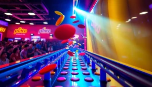Main Plinko demo game setup with colorful pegs and vibrant disks in action.