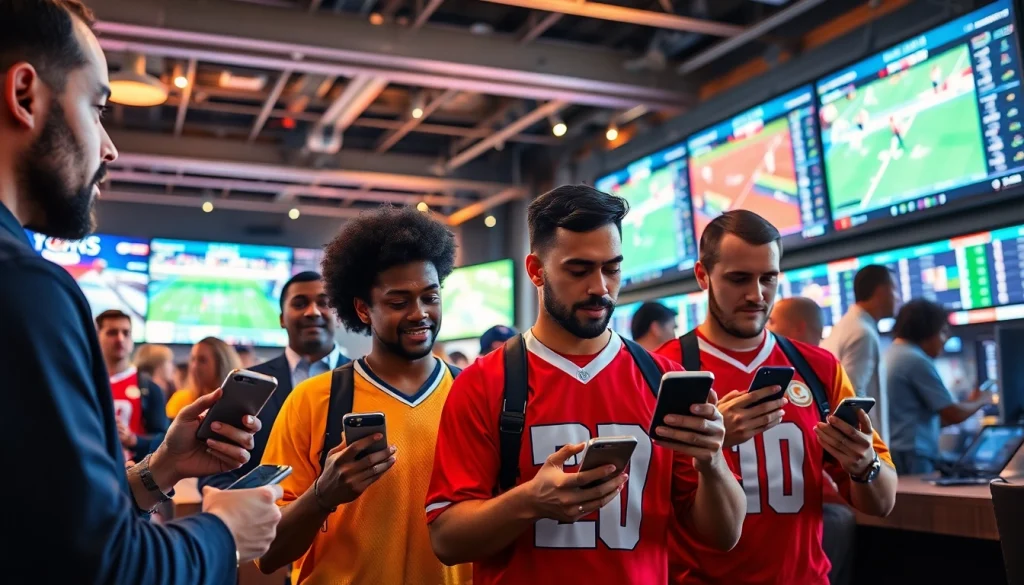 Engage with sportsbooks in Texas through vibrant betting scene featuring bettors with smartphones.
