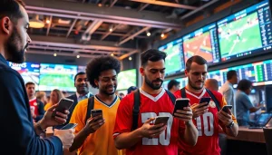 Engage with sportsbooks in Texas through vibrant betting scene featuring bettors with smartphones.
