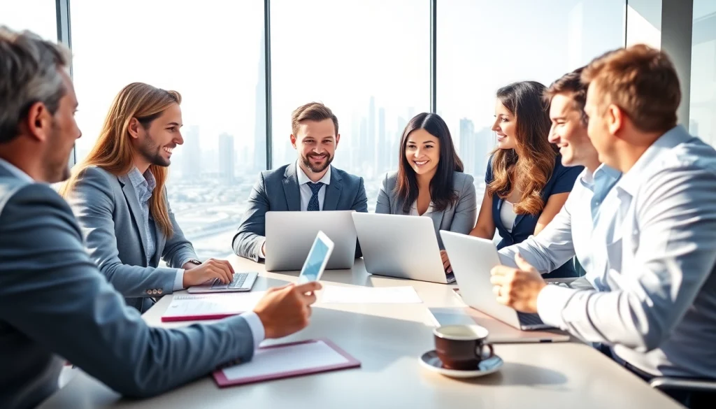 Engaging business consultants in Dubai discuss strategies in a bright, modern office setting.