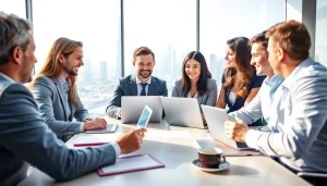 Engaging business consultants in Dubai discuss strategies in a bright, modern office setting.