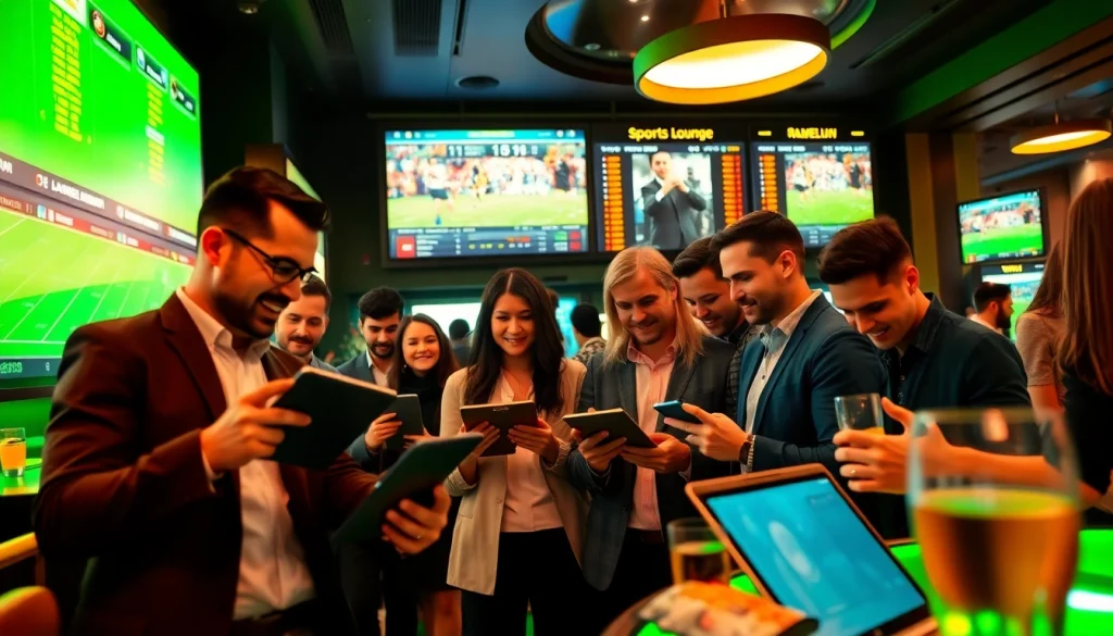 Engaged bettors using sportsbooks in Georgia at a lively betting lounge with live sports displays.