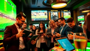 Engaged bettors using sportsbooks in Georgia at a lively betting lounge with live sports displays.