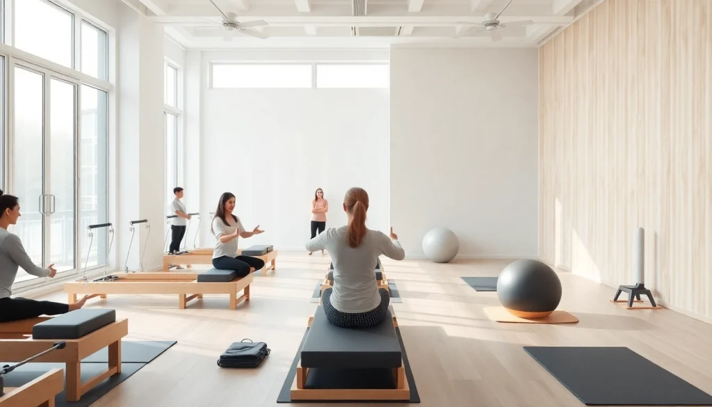 台東区の静かなスタジオでピラティスを練習する熱心なグループ