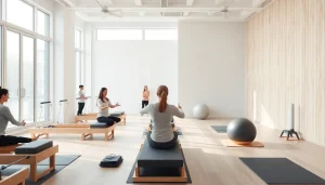 台東区の静かなスタジオでピラティスを練習する熱心なグループ
