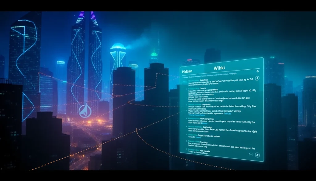 The hidden wiki dark web depicted in a neon-lit cityscape, showcasing links and categories of information.