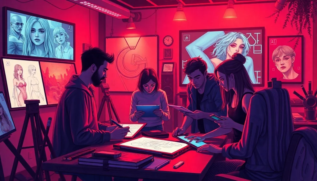 Engaging artists creating AI NSFW art in a vibrant studio environment.