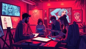 Engaging artists creating AI NSFW art in a vibrant studio environment.