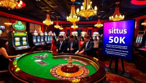 Experience thrilling offers on situs deposit 5k at a vibrant casino setting with poker chips and spinning slot machines.