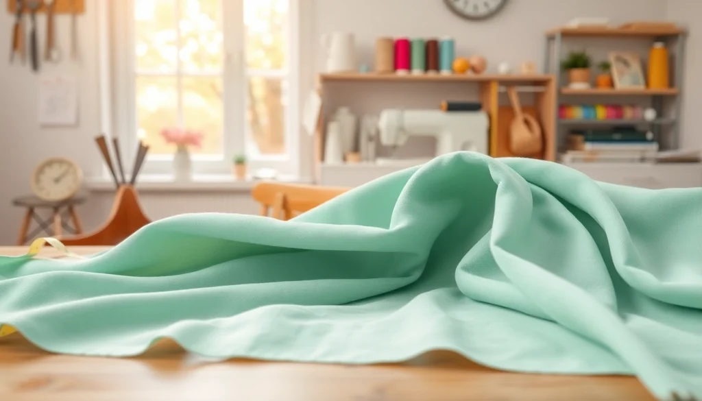 Badstof stof met kleurrijke spools en naaigerei op tafel.