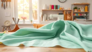 Badstof stof met kleurrijke spools en naaigerei op tafel.