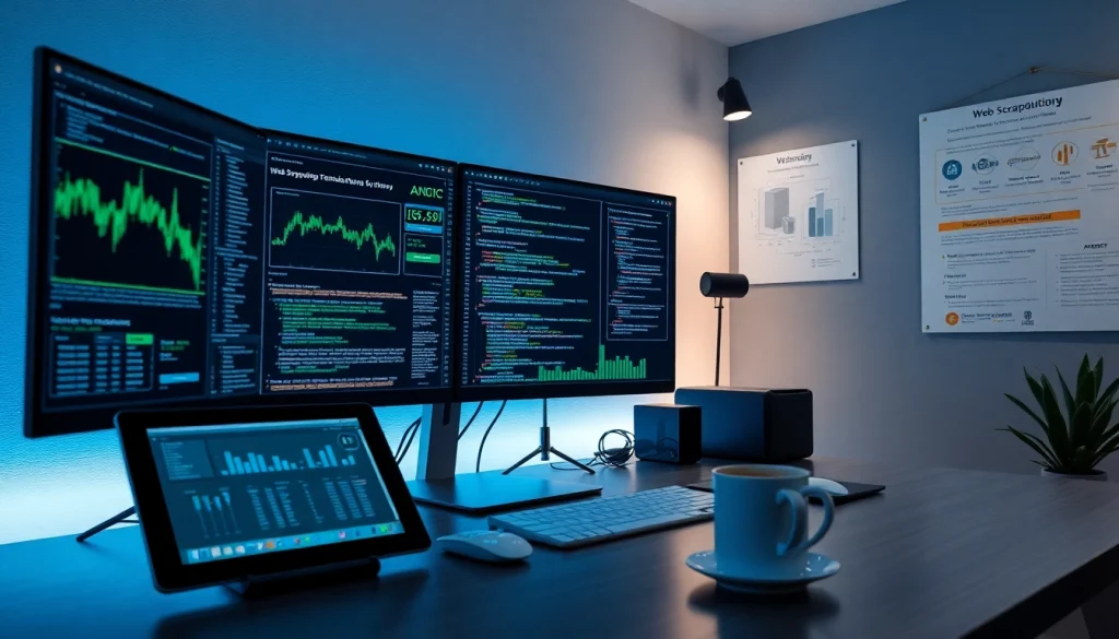 Web scrapping technology showcased in a modern workspace with coding scripts and financial charts.