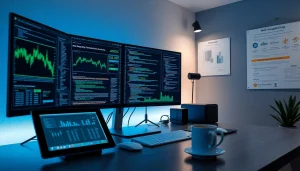 Web scrapping technology showcased in a modern workspace with coding scripts and financial charts.